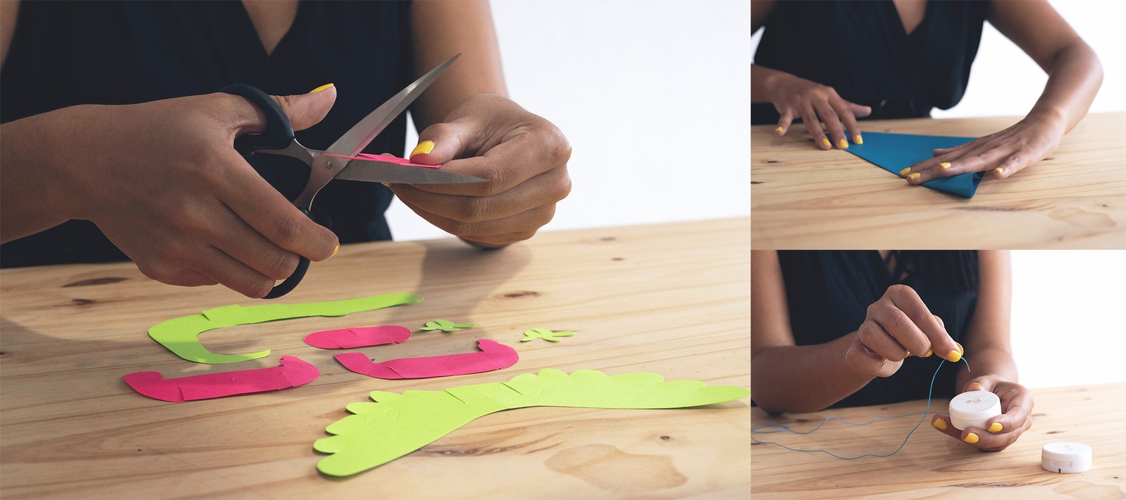 a collage of three images in which a woman is cutting pink and green cardstock into shapes, folding a piece of blue paper, and threading a hole in a white plastic cap