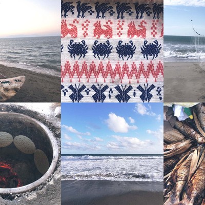 a collage of 6 images showing Ikoot fisherwomen on a canoe at the dead sea, textiles, a fisherman and his kite/net, totopos, the living sea, and baked stuffed fish