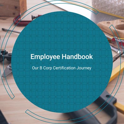 a teal circle containing the text “employee handbook” overlays a photo of a wooden workbench covered in tools