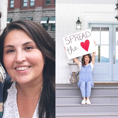 a collage of three photos: closeup of two smiling women, a woman sitting on steps holding up a sign, and two women waving from a stage