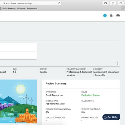 a screenshot of our dashboard in the b impact assessment showing that we submitted our application in february and are now in the evaluation queue