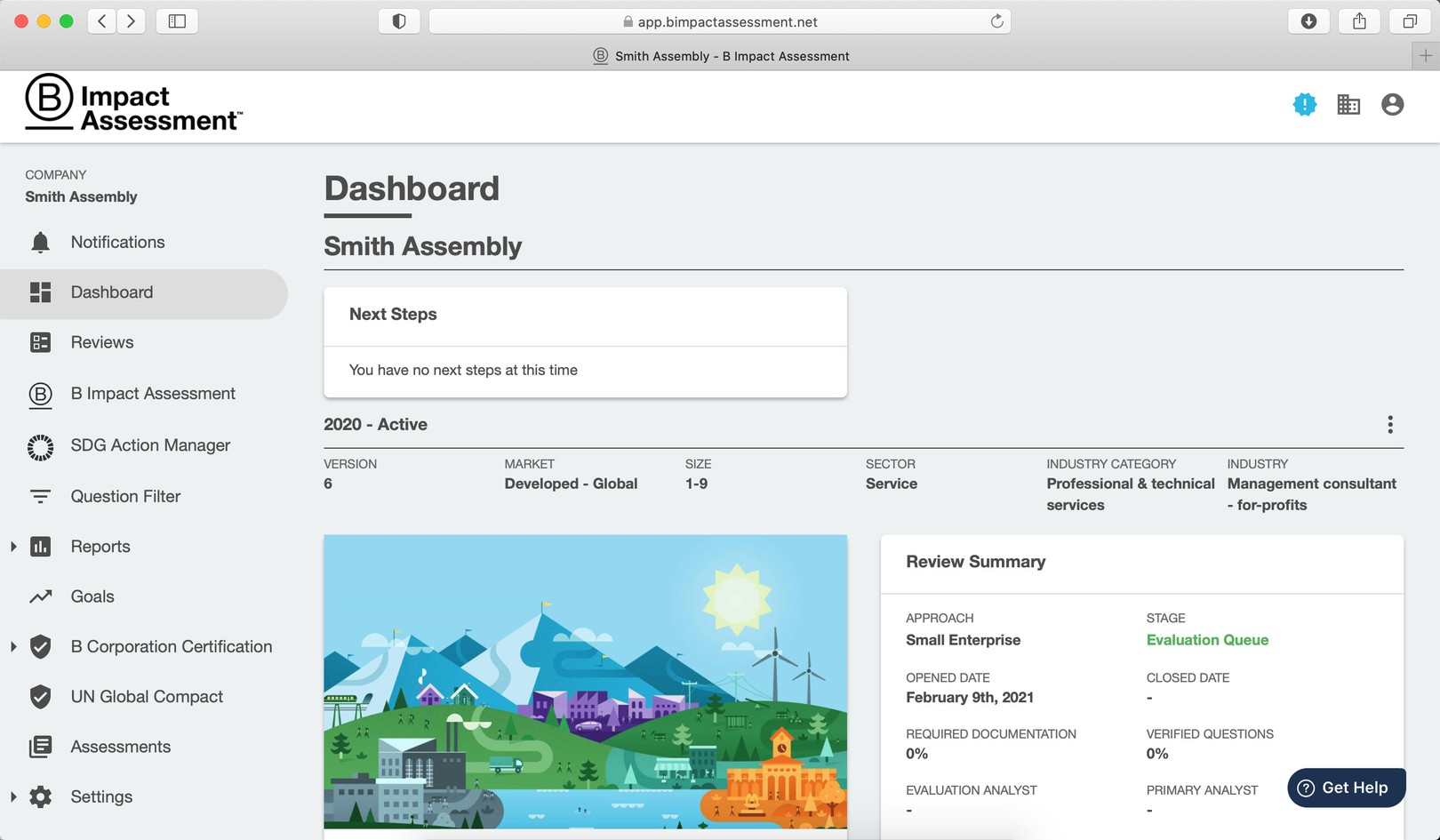 a screenshot of our dashboard in the b impact assessment showing that we submitted our application in february and are now in the evaluation queue