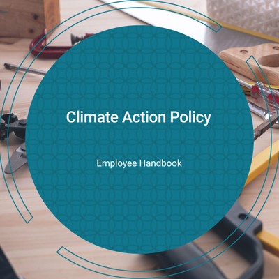 a teal circle containing the text 'climate action policy' overlays a photo of a wooden workbench covered in tools