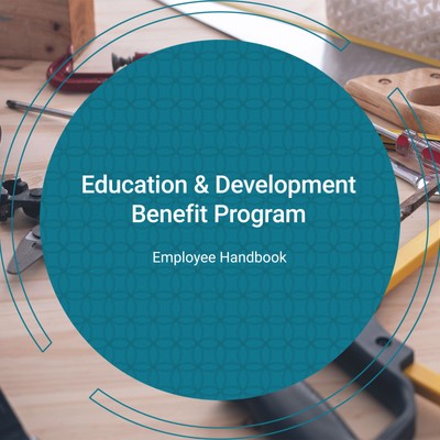 a teal circle containing the text 'education & development benefit program' overlays a photo of a wooden workbench covered in tools