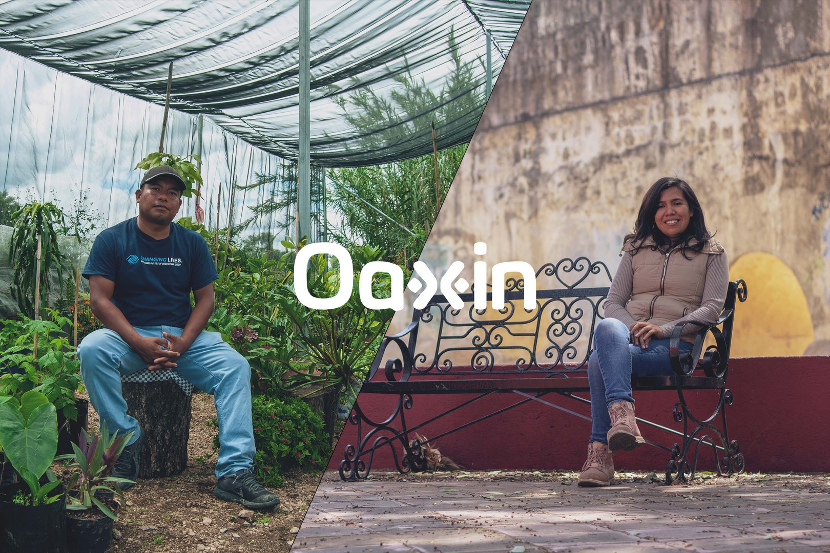 oaxin’s logo over a split photo of two of its leaders — enoc ramírez (sitting on a stump in a greenhouse) and estrella soto (sitting on a metal bench near a stone aqueduct)