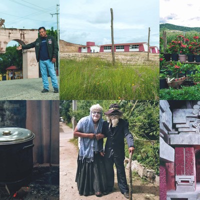 a collage of 6 images showing suchil’s pink quarry arch, jose vasconcelos school, enoc’s mother at her farm, stew cooking in a pot, costumed comparsa members, and cerro de la campana archeological site