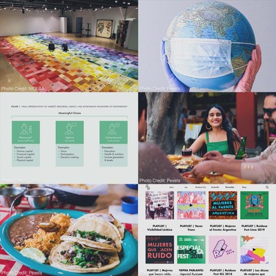 a collage of photos - a museum exhibit, a globe with a mask, colorful paint dripping, diagram of meaningful choice, a woman smiling at a table, a hand holding a mobile phone, a plate of tacos with rice and beans, a grid of album art, an illustration of a latina woman