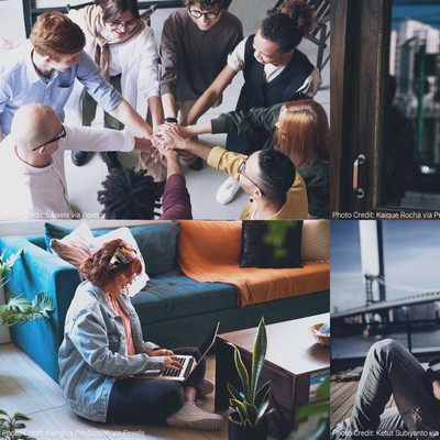 a collage of photos - eight people of different ethnicities stacking their hands in the center of a circle; a door to a business with a 'come in we're open' sign; a black man sitting on a bench outdoors listening to a podcast; a white woman sitting on the floor of her living room watching a virtual event via her laptop