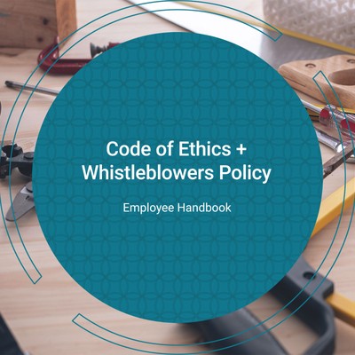 a teal circle containing the text 'code of ethics + whistleblowers policy' overlays a photo of a wooden workbench covered in tools