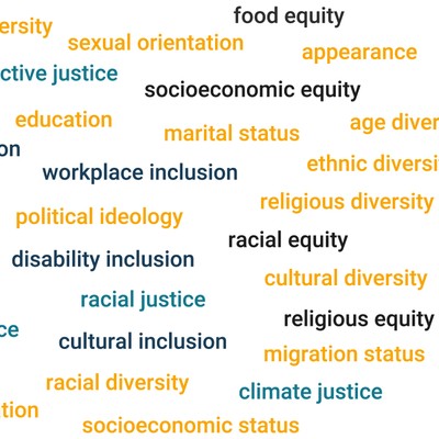 a word cloud showing different terms related to justice, equity, diversity, and inclusion (like racial justice, socioeconomic equity, religious diversity, disability inclusion)